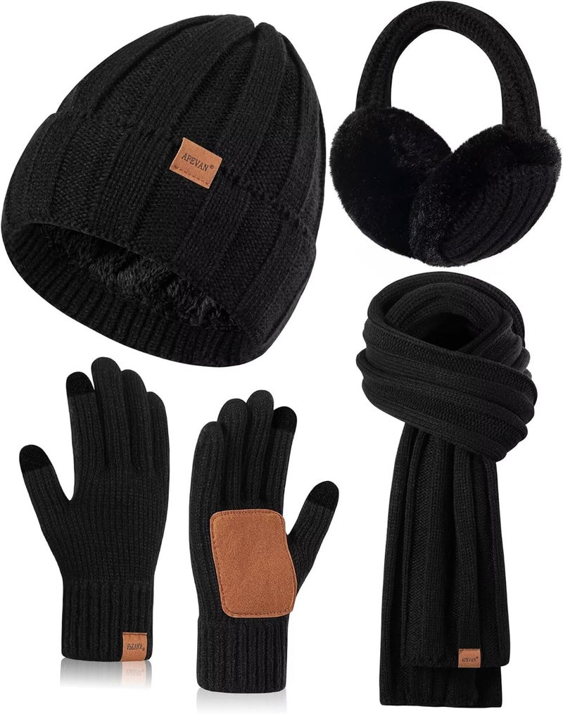 APEVAN Winter Hat Gloves Scarf Earmuffs Set for Women, Fleece Lined Beanie Long Scarf Touchscreen Gloves Ear Warmer, 4 in 1 Gift Set - Image 1